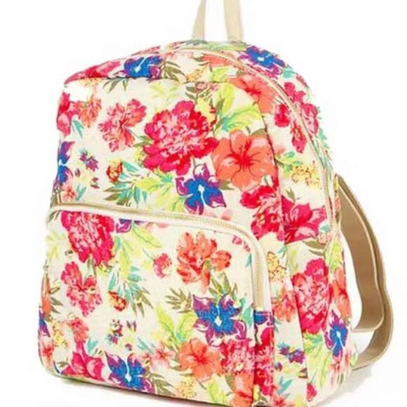 NWT CLAIRE'S  BEIGE FLORAL BACKPACK GOLD STUD BAG - Picture 1 of 8